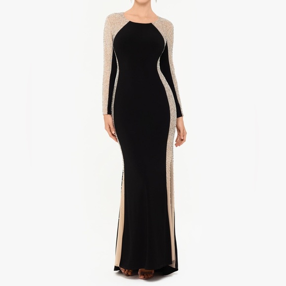 XscapeSarah Long Jersey Knit with Caviar Beaded Side Dresss
